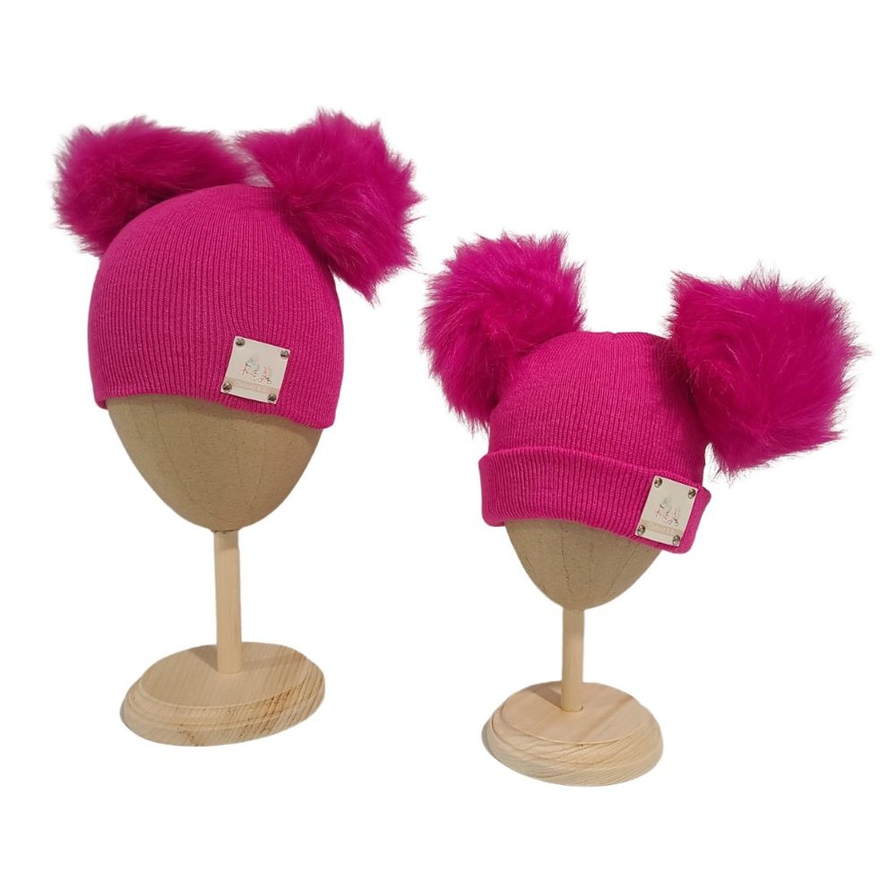 Ryver Knit Beanie With Double Pom Poms, Pink